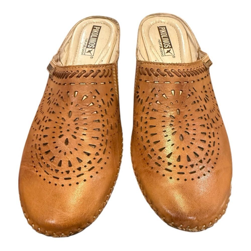 Pikolinos Leather Mule Clogs Brown Perforated Heeled Slip On EU 38 - Picture 2 of 11